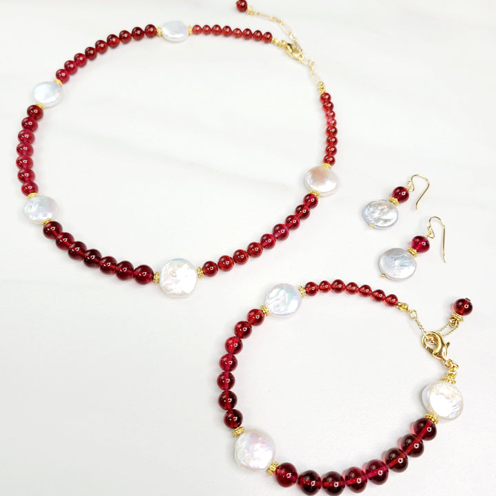 Epiphany Bracelet with Vintage Garnet Colored Glass From Japan and Freshwater Pearls