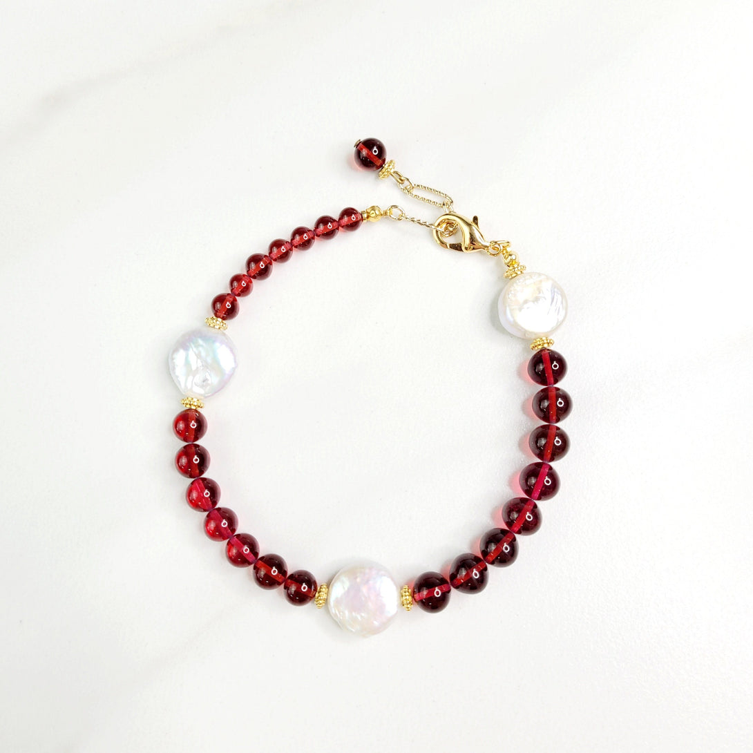 Epiphany Bracelet with Vintage Garnet Colored Glass From Japan and Freshwater Pearls