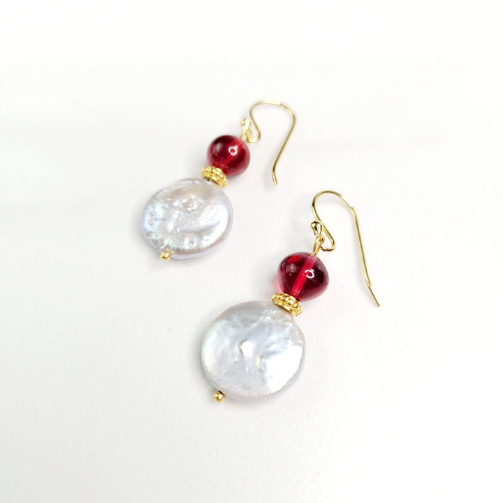 Epiphany Earrings with Vintage Garnet Colored Glass From Japan and Freshwater Pearls