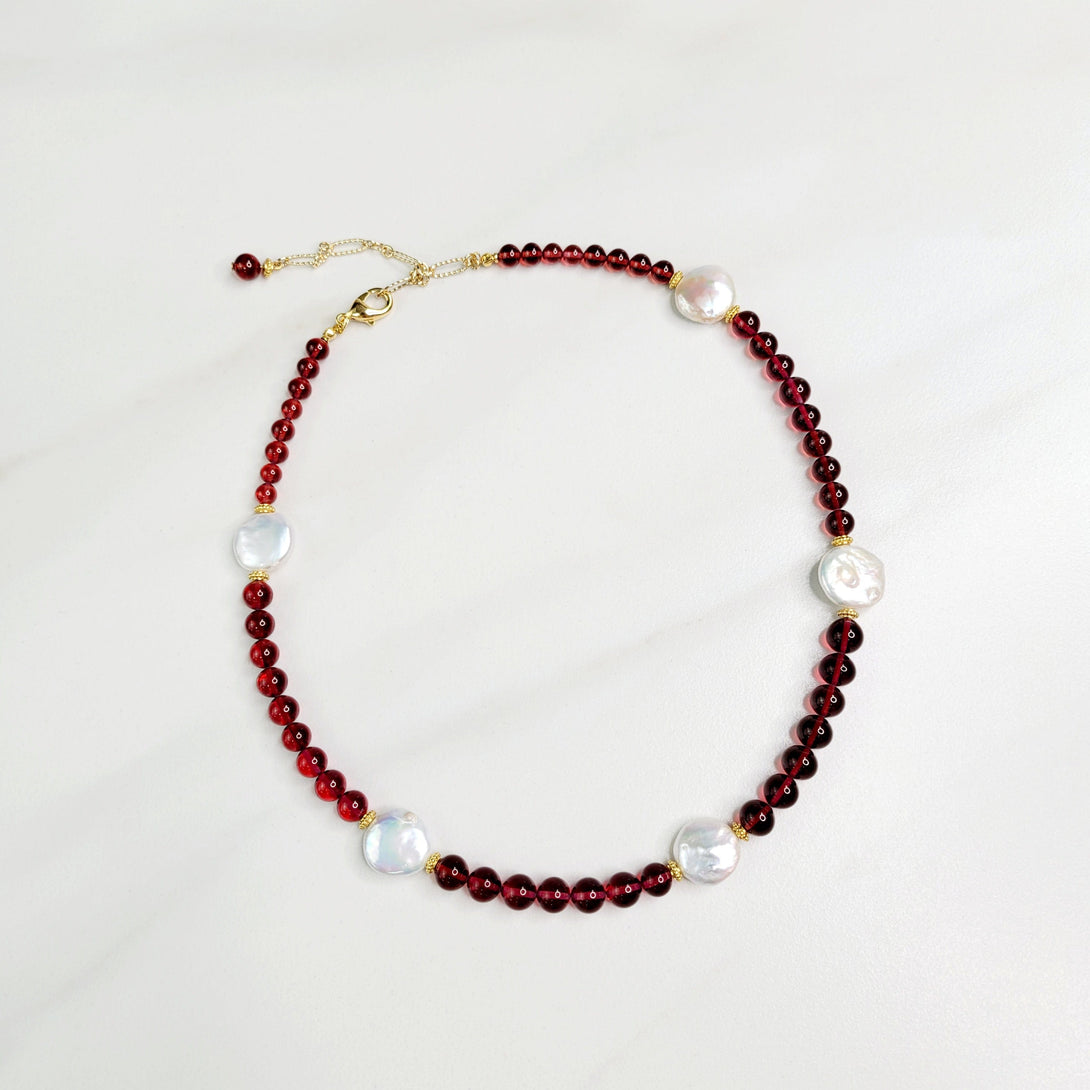 Epiphany Necklace with Vintage Garnet Colored Glass From Japan and Freshwater Pearls