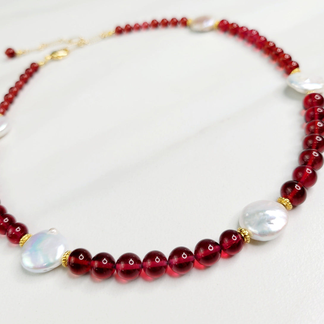 Epiphany Necklace with Vintage Garnet Colored Glass From Japan and Freshwater Pearls
