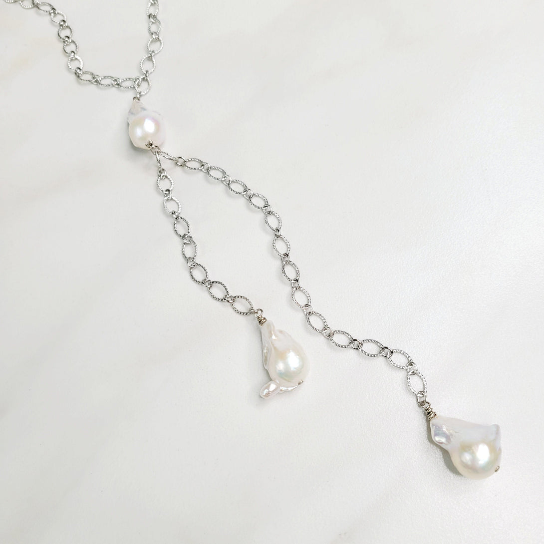 Estelle Baroque Freshwater Pearl Y Necklace in Silver or Gold