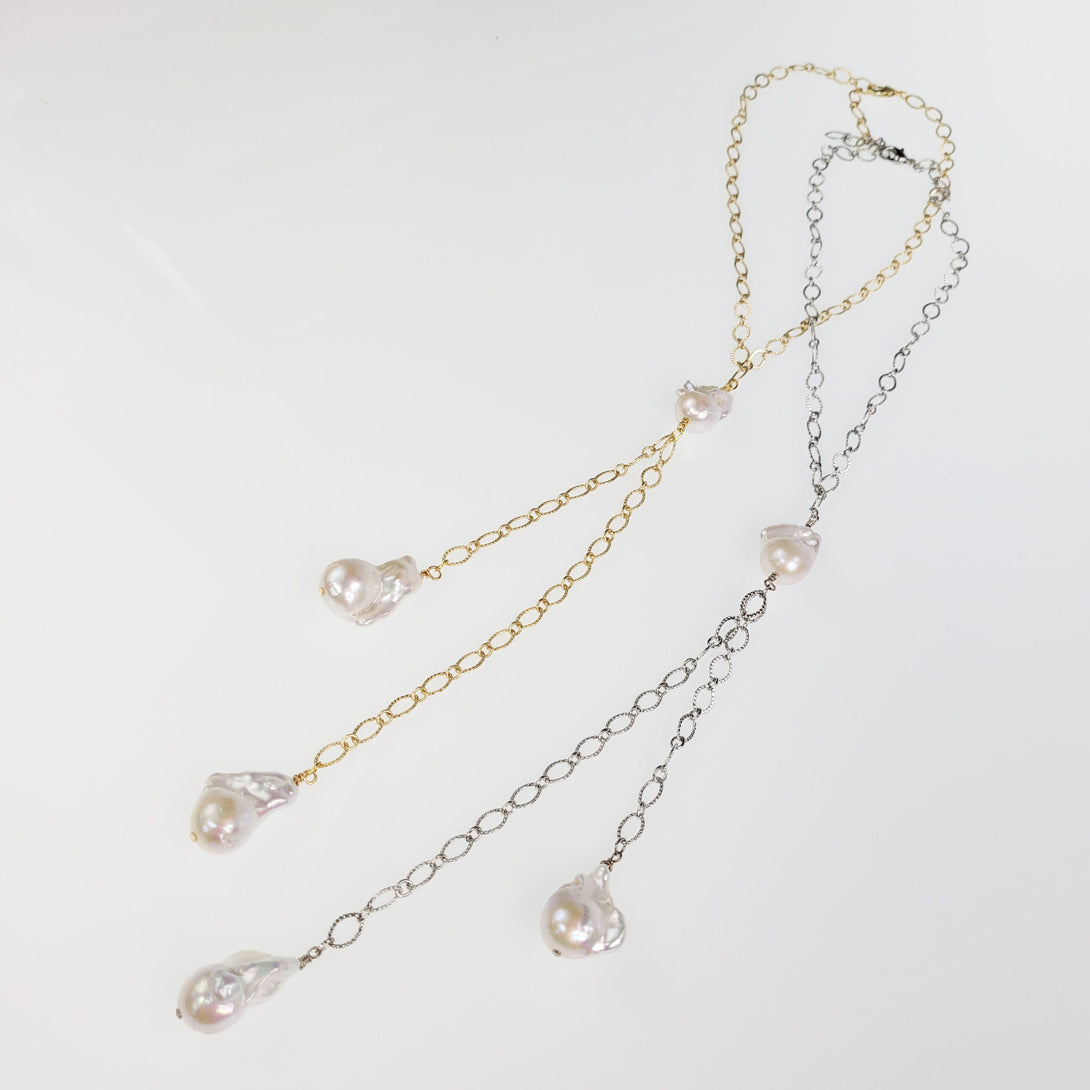 Estelle Baroque Freshwater Pearl Y Necklace in Silver or Gold