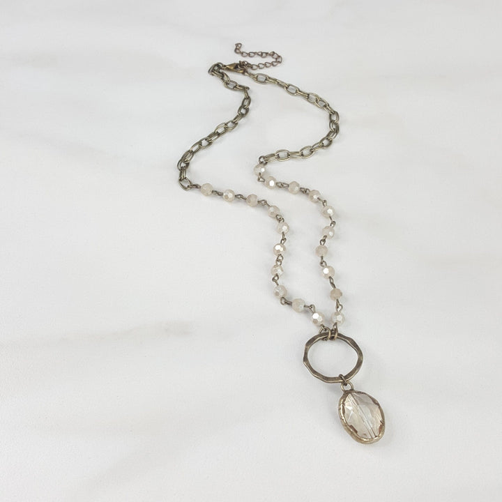Faceted Glass Beaded Necklace for Women with Circle and Oval Crystal Pendant