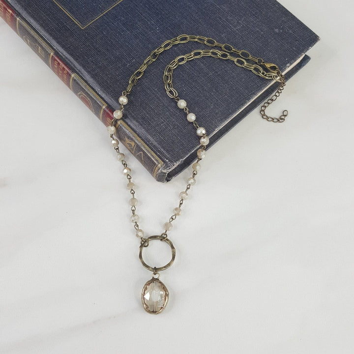 Faceted Glass Beaded Necklace for Women with Circle and Oval Crystal Pendant