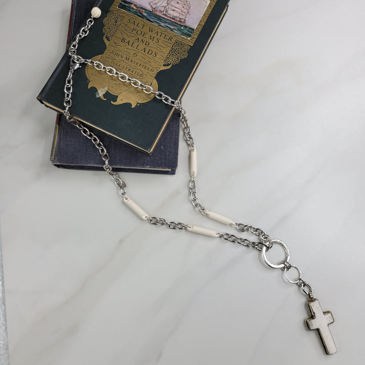 Handmade Necklace with Vintage Connector Beads, Rhodium plated Chain and Cross Pendant