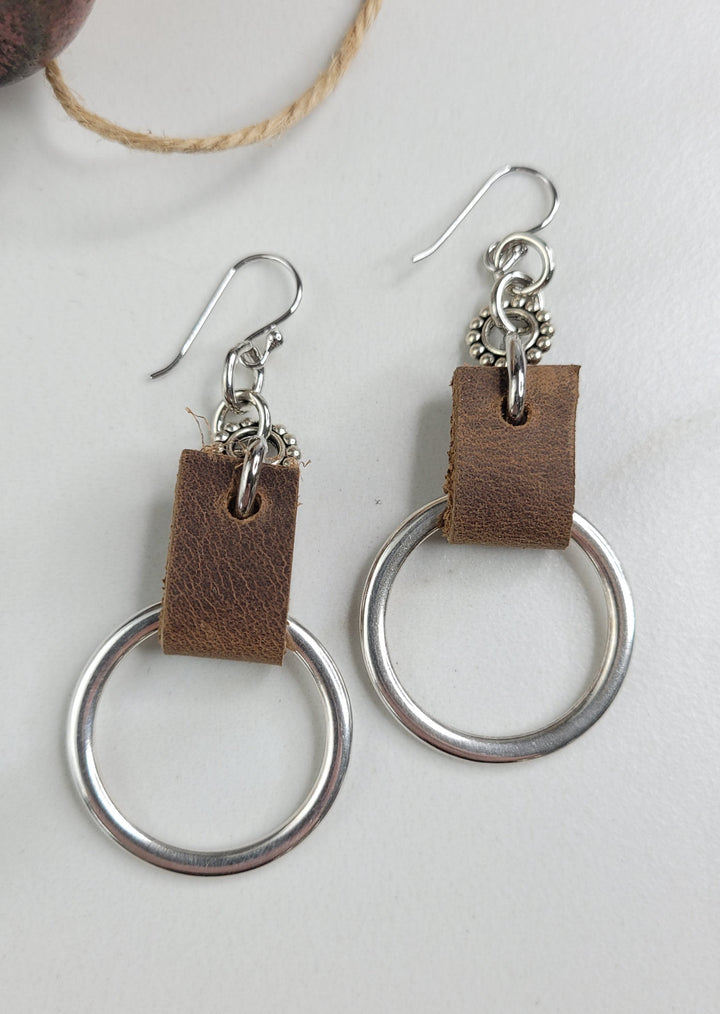 Handmade Dangle Earrings with Leather Straps, Silver Plated Chain and Silver Hoop Pendants For Pierced Ears