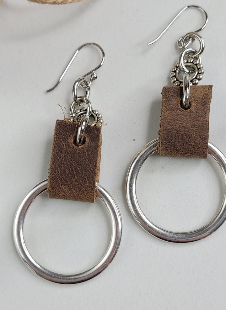 Fallon Earrings Handmade with Leather and Big Ring Dangles
