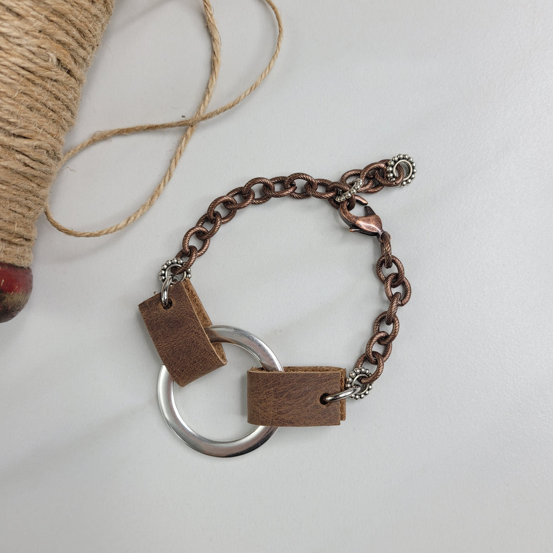 Handmade Bracelet with Leather Straps, Bronze Plated Etched Chain, and Silver Center Piece