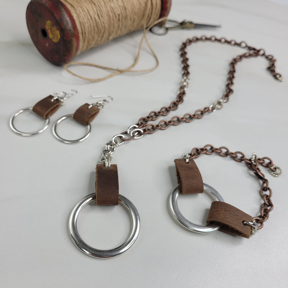 Fallon Handmade Necklace with Etched Cable Chain, Leather Strap, and Silver Ring Pendant