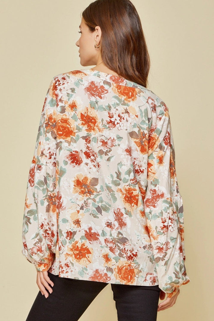 Floral Printed Blouse with V Neckline and Balloon Sleeves