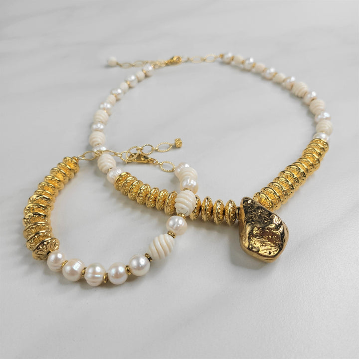 Francesca Bracelet with Gold and Ivory Vintage Beads and Freshwater Pearls