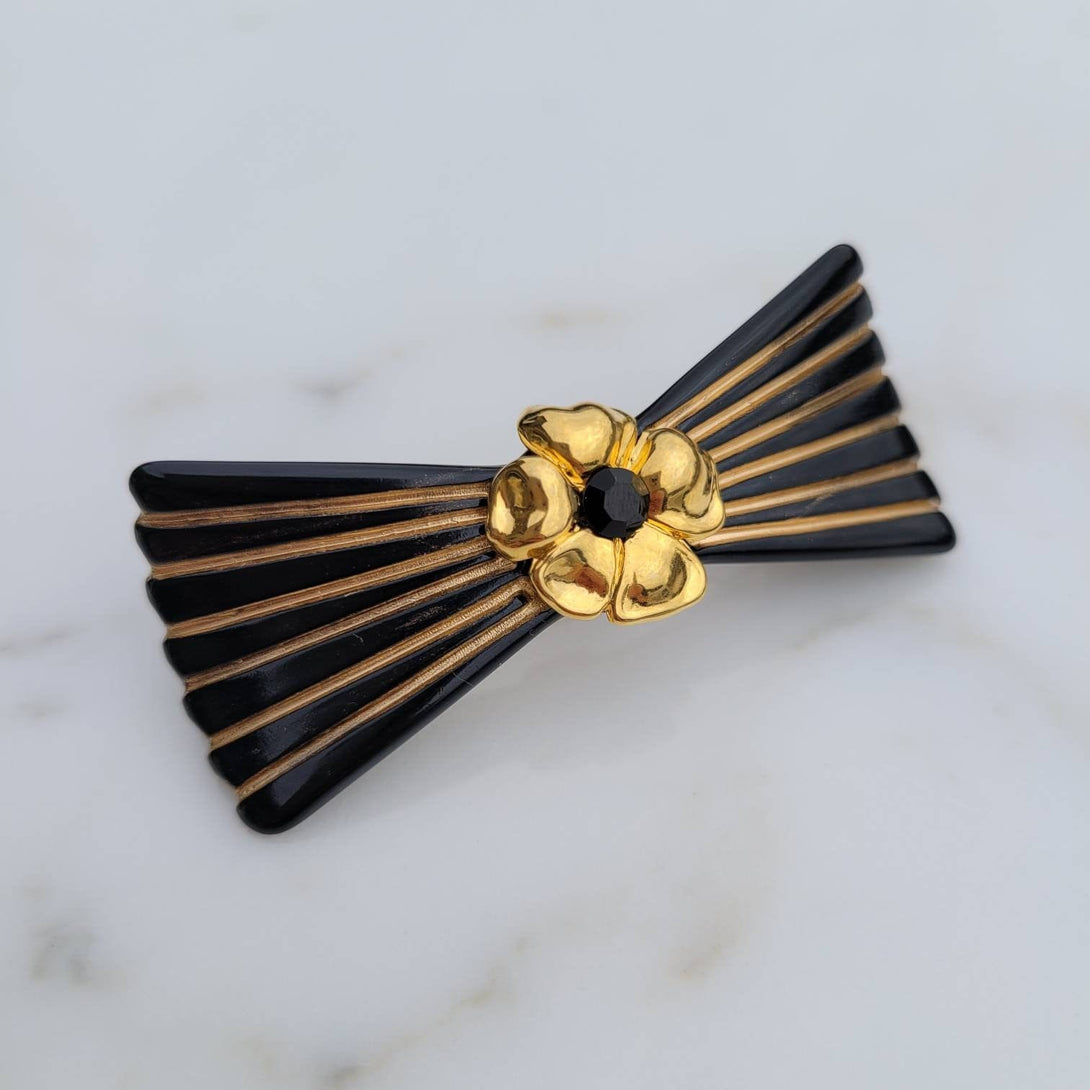 French Vintage Hand Painted Golden Flower with Black Swarovski Crystal Bow Hair Barrette