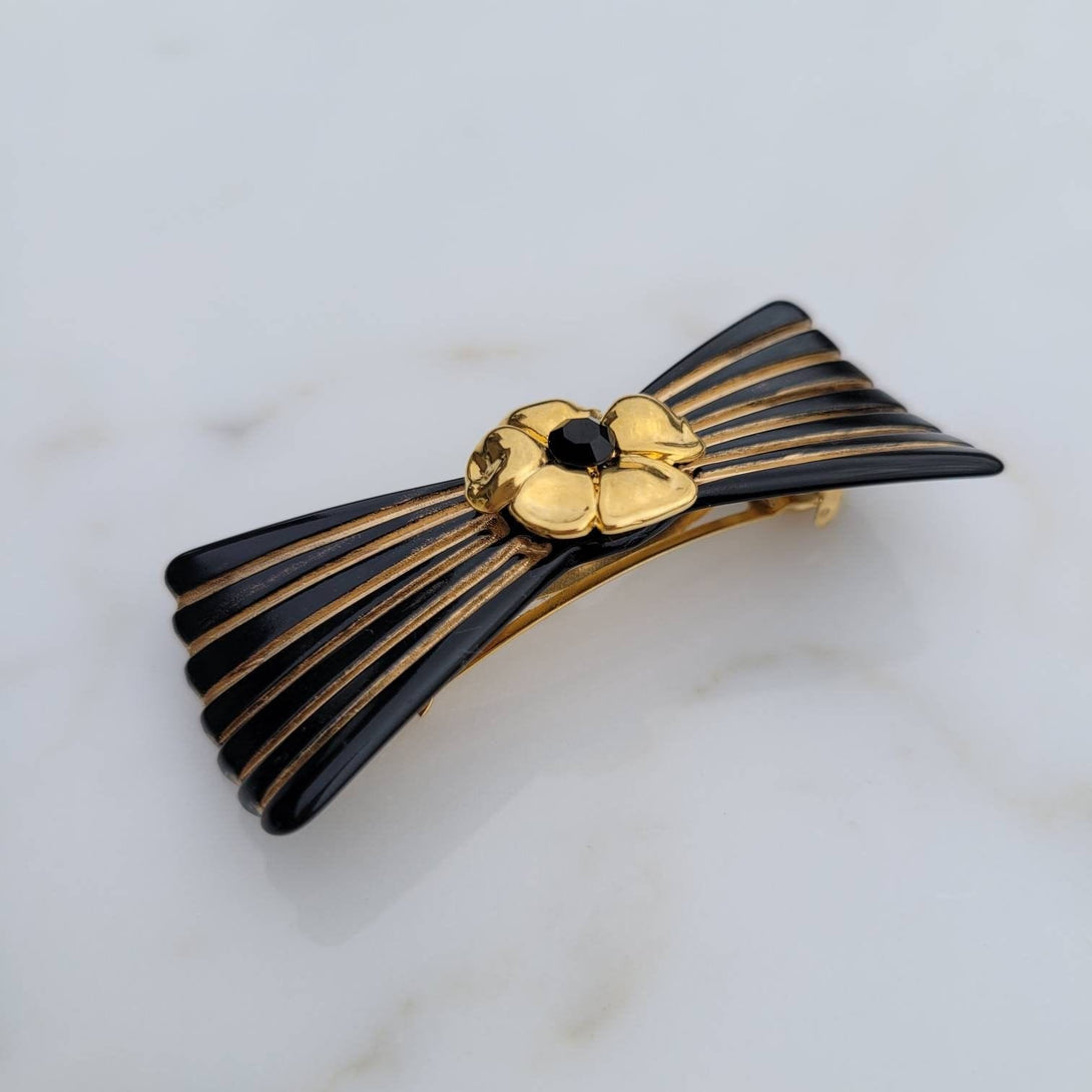 French Vintage Hand Painted Golden Flower with Black Swarovski Crystal Bow Hair Barrette