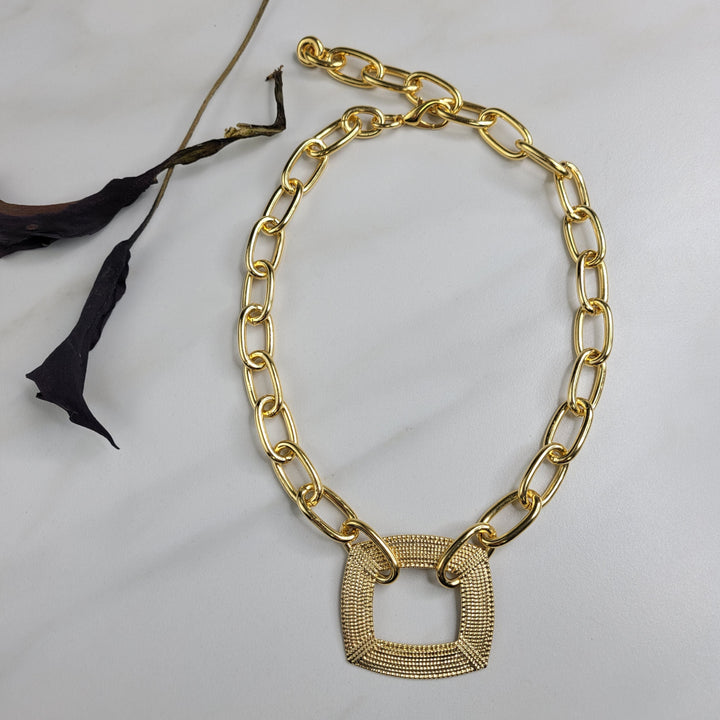 Handmade Gold Plated Chain Necklace with Big Bold Vintage Square Centerpiece