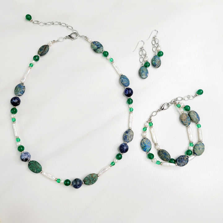 Galen Necklace with Chrysocolla, Sodalite, and Freshwater Pearls