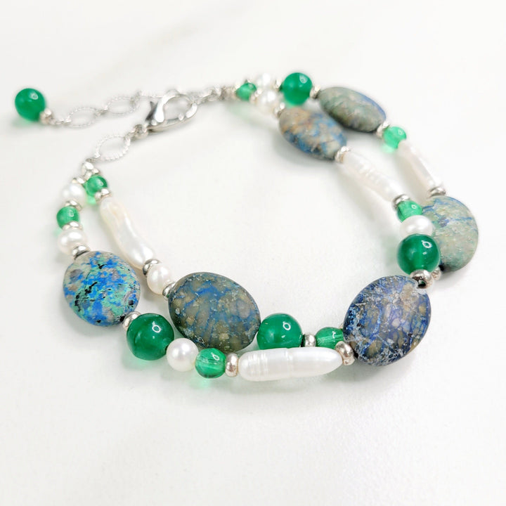 Galen Two Strand Bracelet with Chrysocolla and Freshwater Pearls