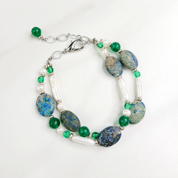 Galen Two Strand Bracelet with Chrysocolla and Freshwater Pearls