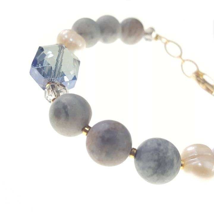 Genuine Stone, Pearl, and Blue Crystal Bracelet