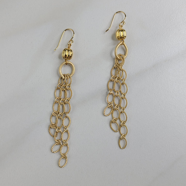 Gold Cascade Handmade Dangle Earrings - Glimmering Gold Plated Chain Flows from a Vintage Bead