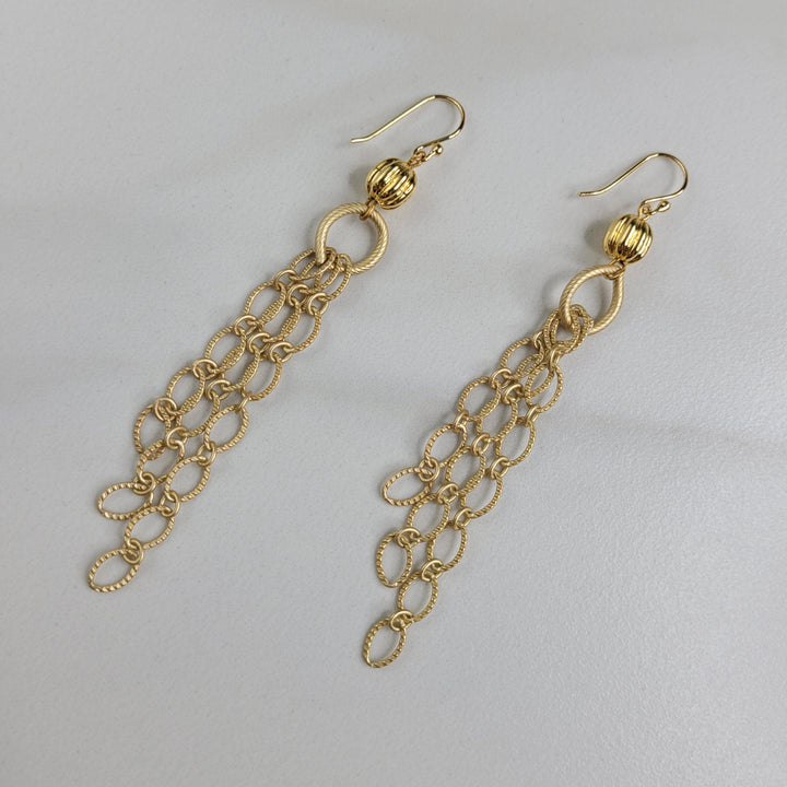 Gold Cascade Handmade Dangle Earrings - Glimmering Gold Plated Chain Flows from a Vintage Bead