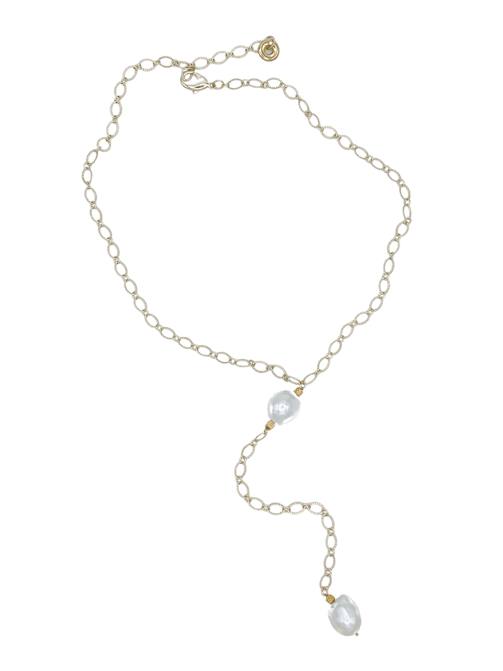 Gold Chain Necklace with Medium Baroque Freshwater Pearls and Drop Feature