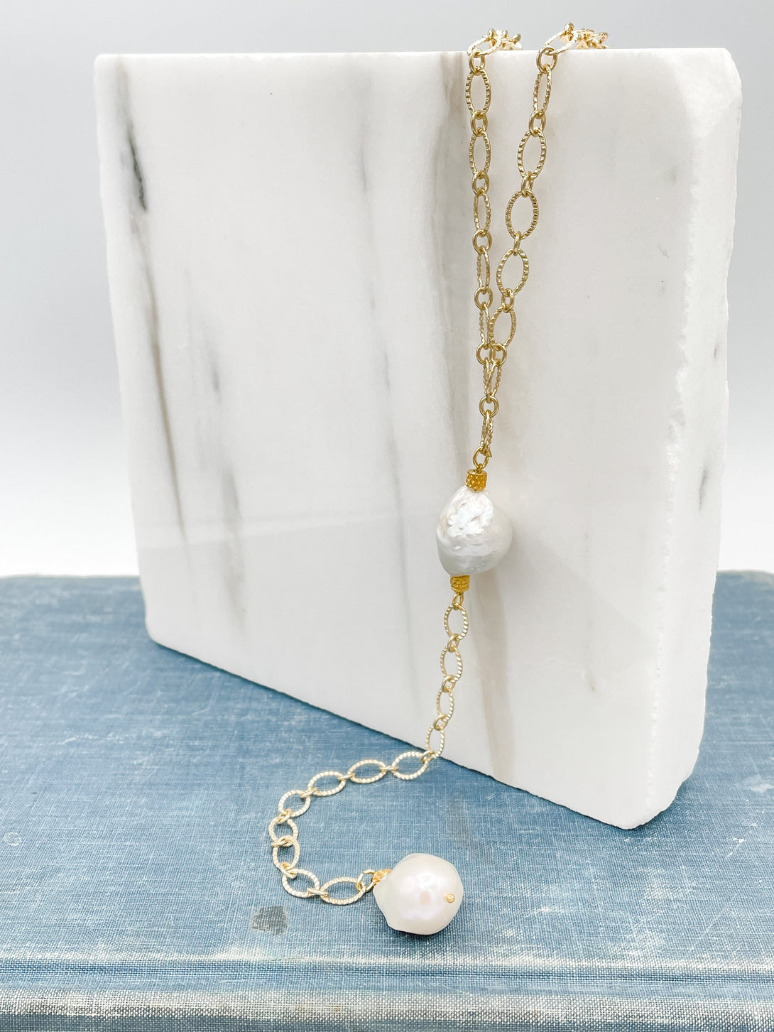 Gold Chain Necklace with Medium Baroque Pearls and Drop Feature