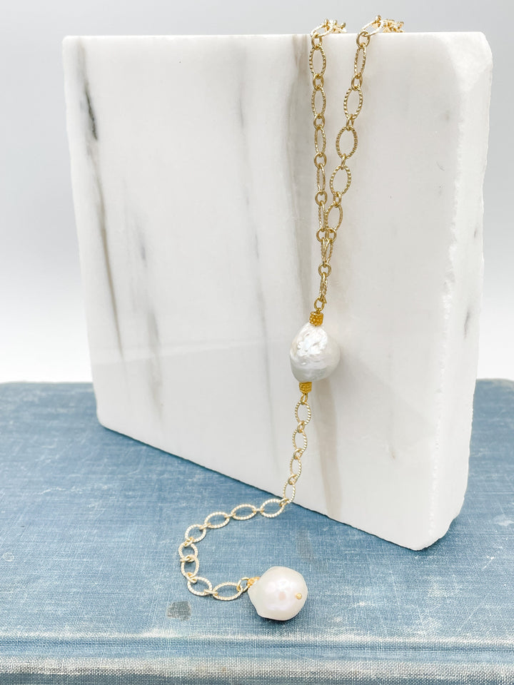 Gold Chain Necklace with Medium Baroque Pearls and Drop Feature