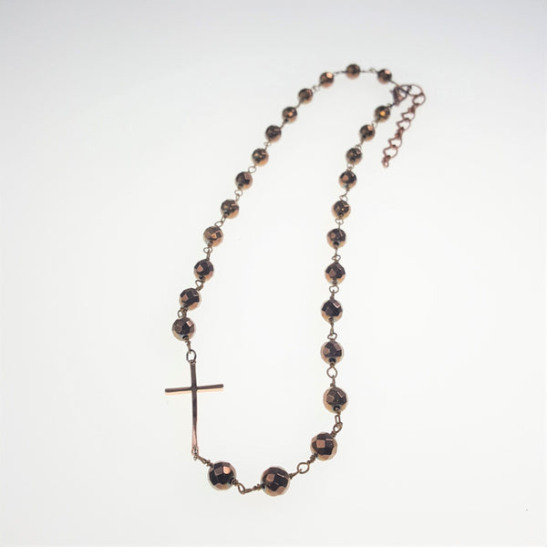 Gold Faceted Bronze Beaded Necklace with Cross
