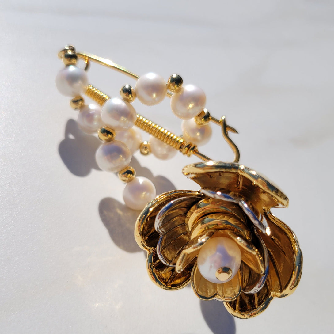 Golden Dancing Trillium Flower Pearl Brooch Pin