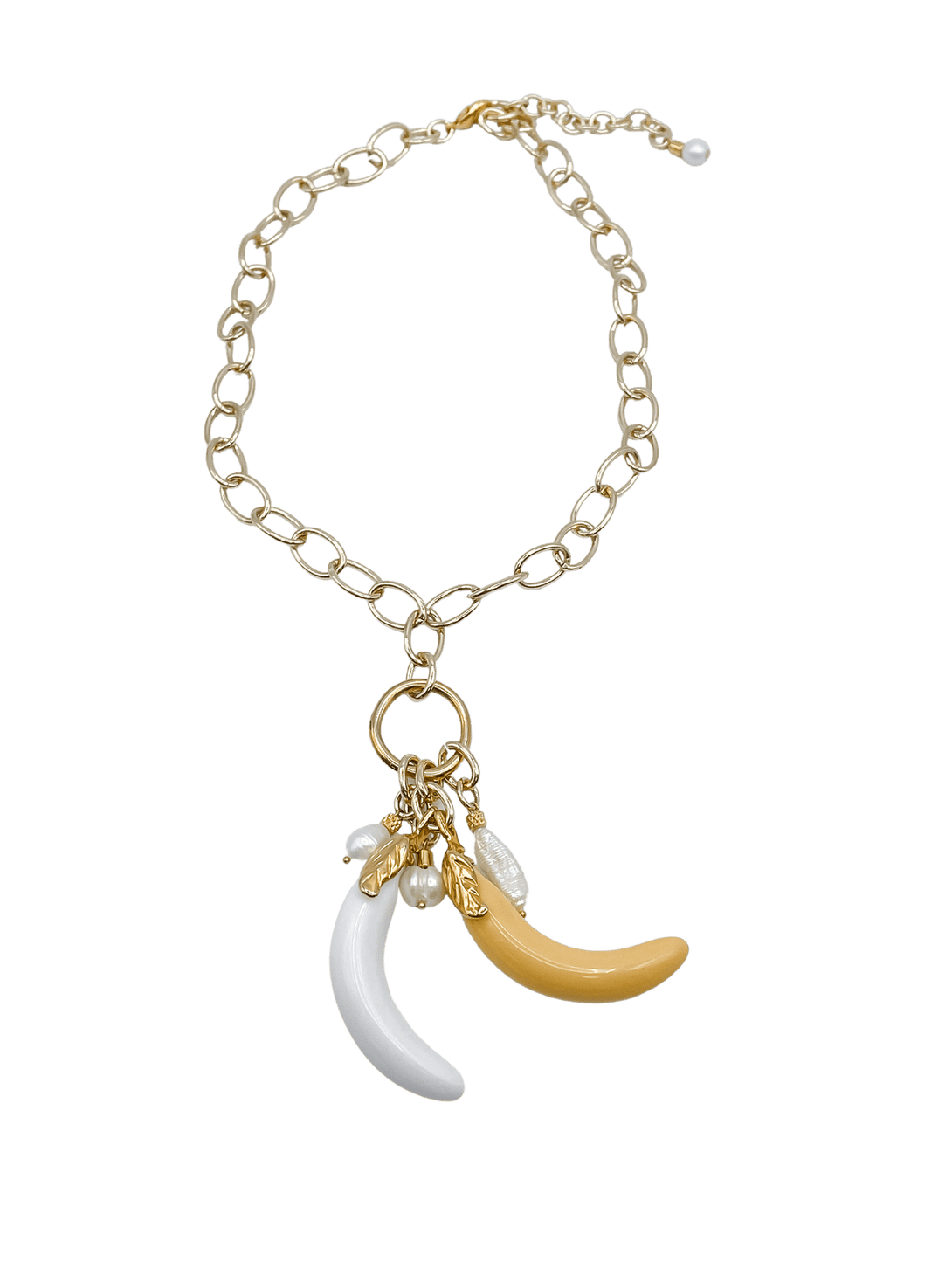 Goldtone Necklace with Ring Holding Freshwater Pearls and Bananas
