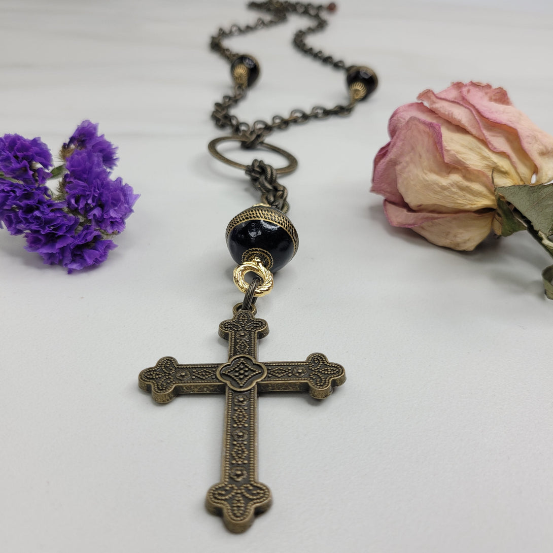 Handmade Necklace with Ring Pendant, Cross and Vintage Elements