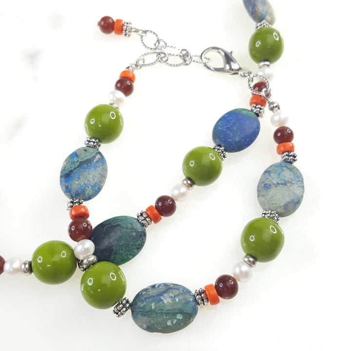 Green Earth Necklace with Chryscolla and Freshwater Pearls