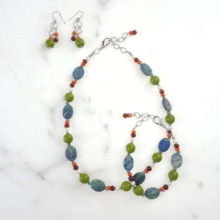 Green Earth Necklace with Chryscolla and Freshwater Pearls