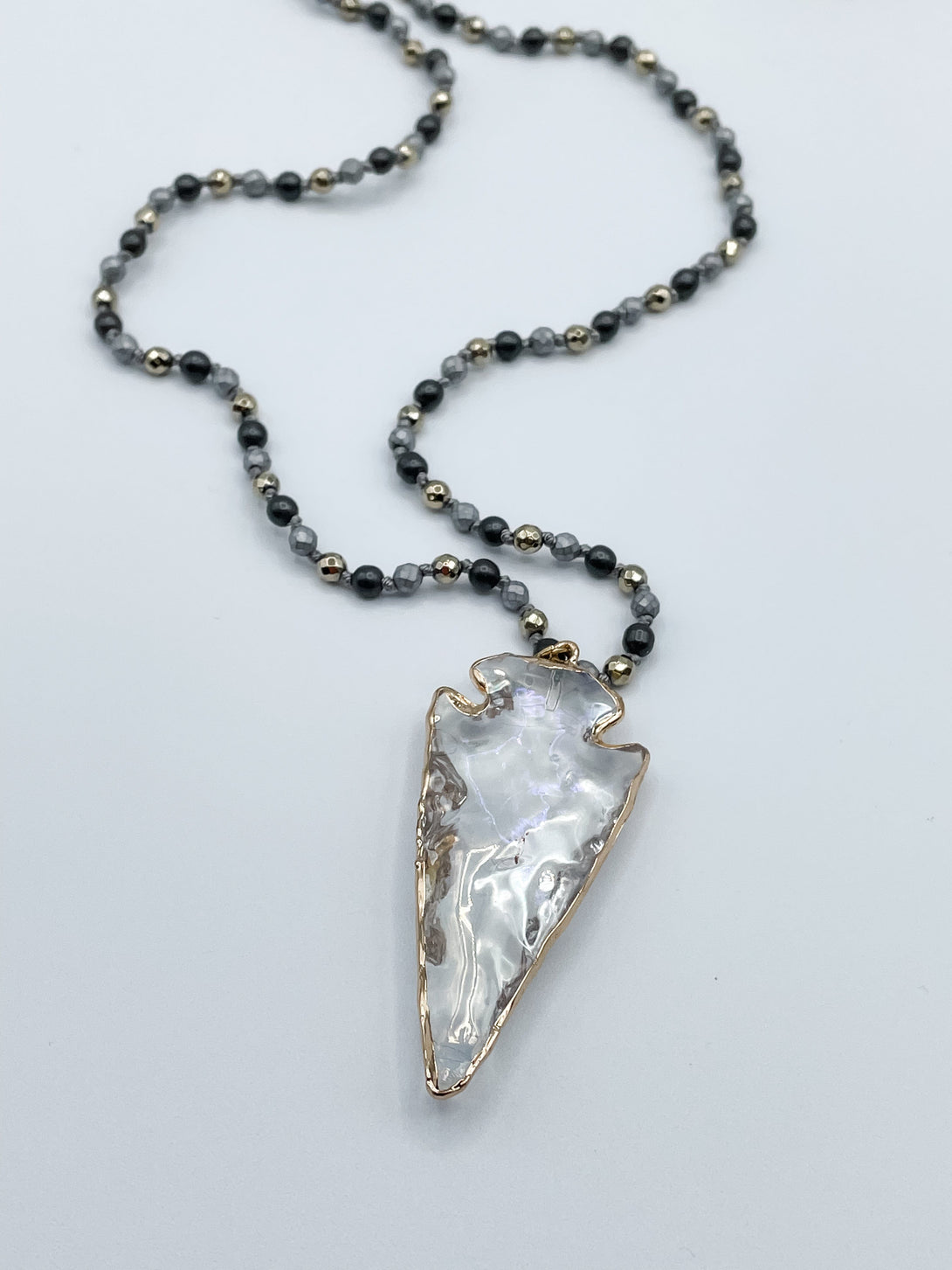 Grey Beaded Necklace With Arrowhead