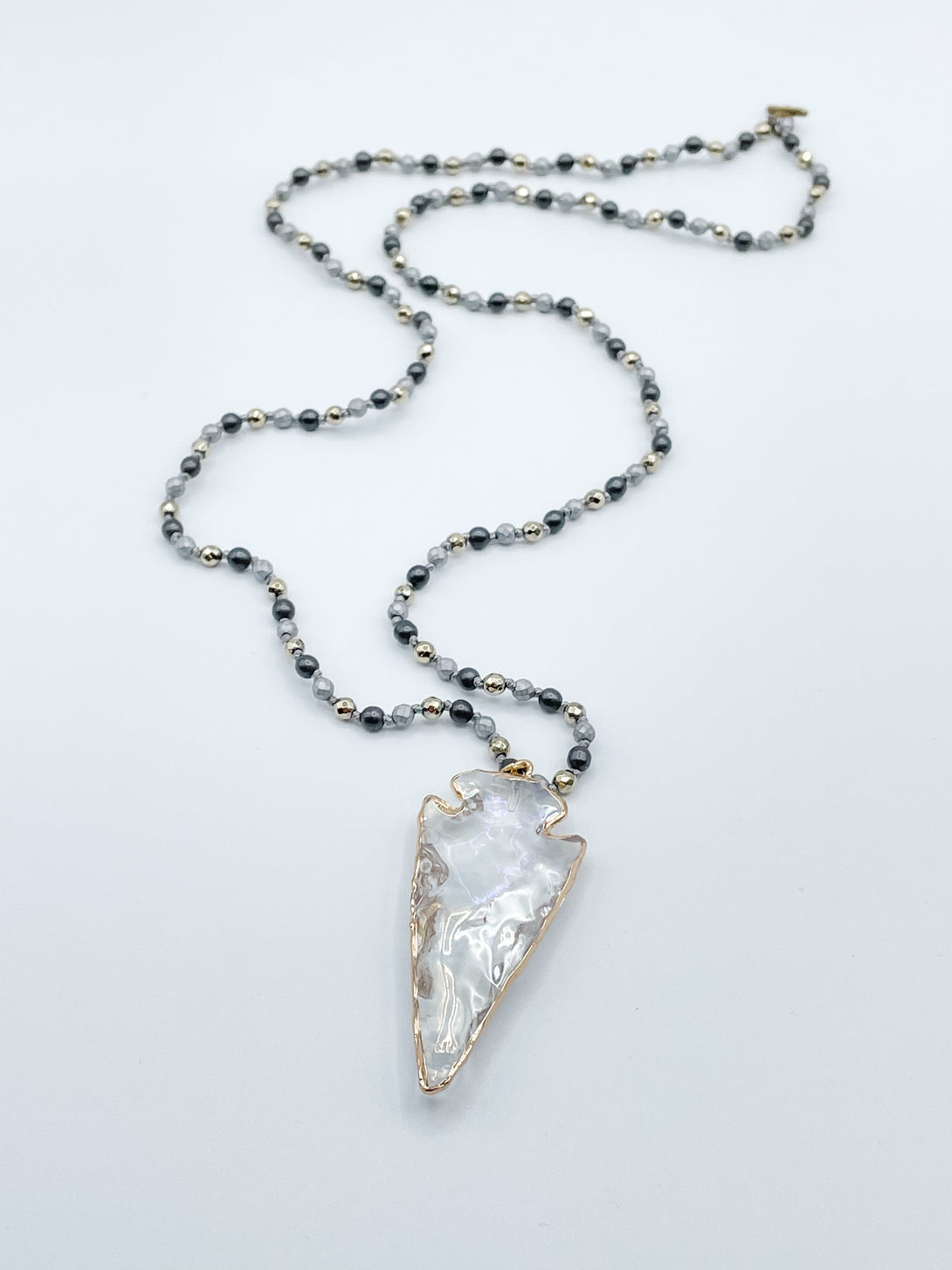 Grey Beaded Necklace With Arrowhead