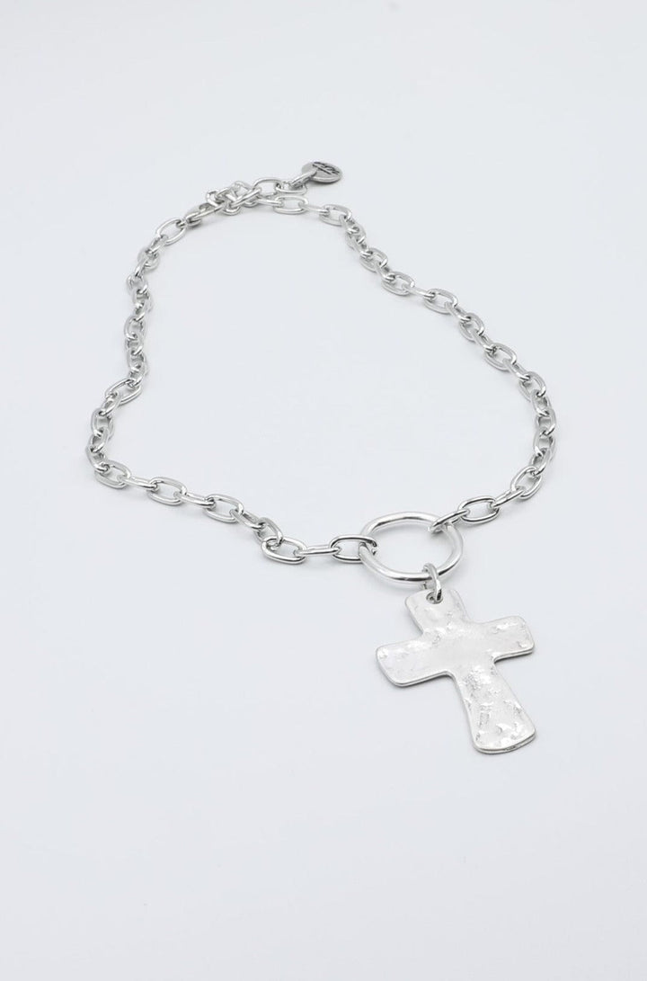 Hammered Silver Cross on Silver Necklace