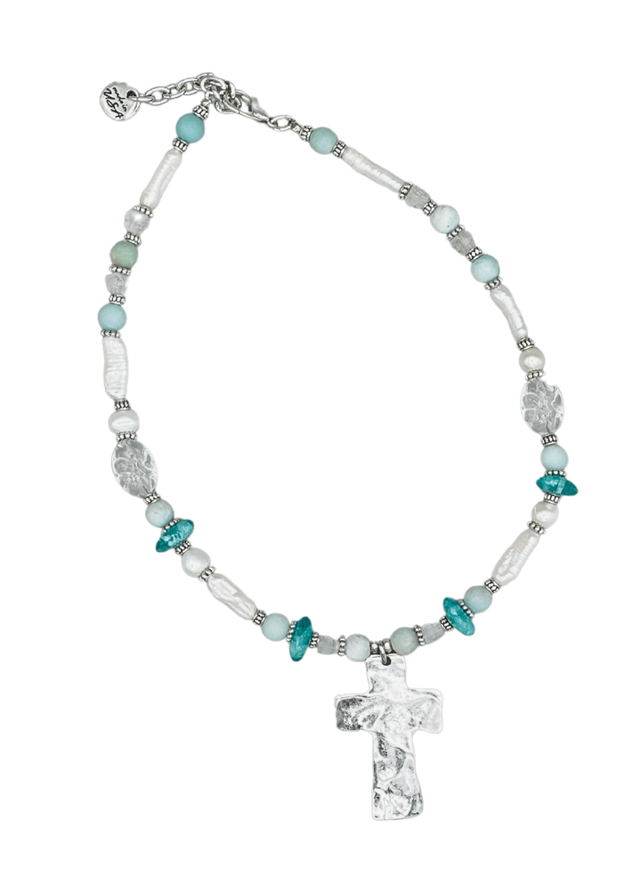 Handmade Amazonite and Freshwater Pearl Necklace with Hammered Metal Cross