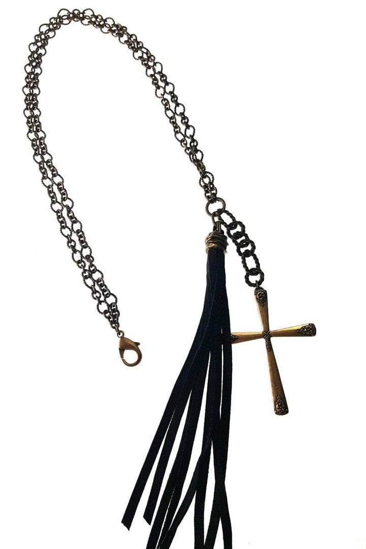 Handmade Antique Chain Necklace with Leather Tassel and Cross