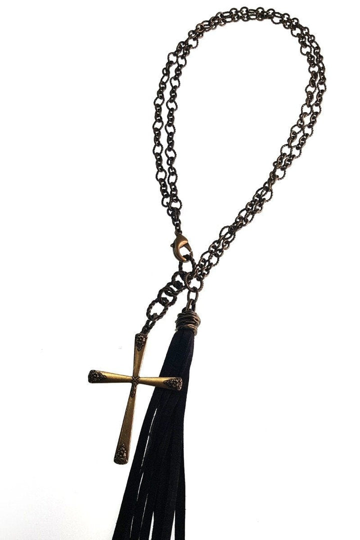 Handmade Antique Chain Necklace with Leather Tassel and Cross