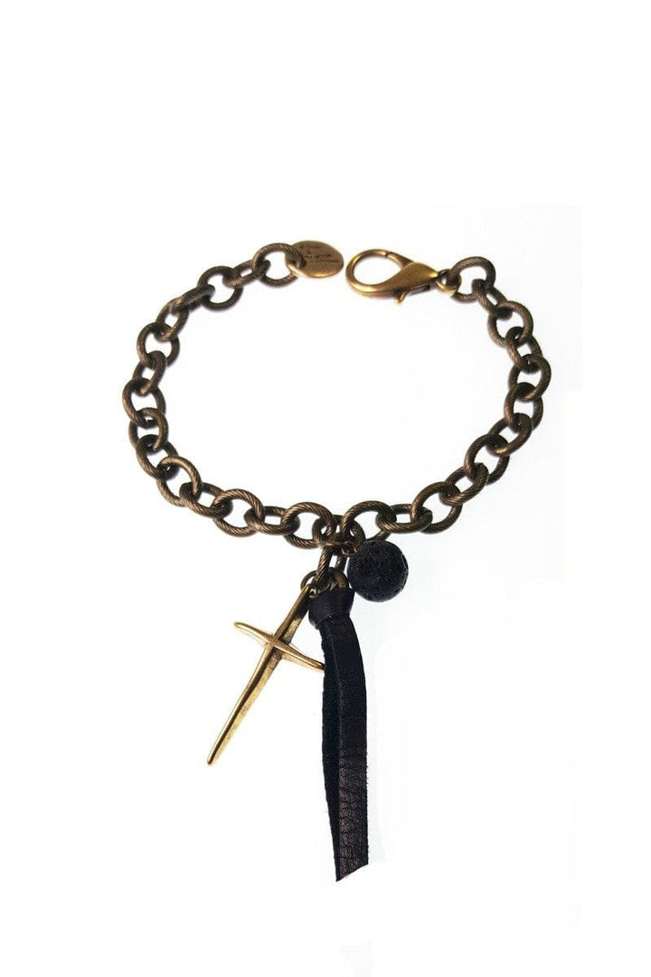 Handmade Chain Bracelet with Cross, Leather and Beaded Pendants
