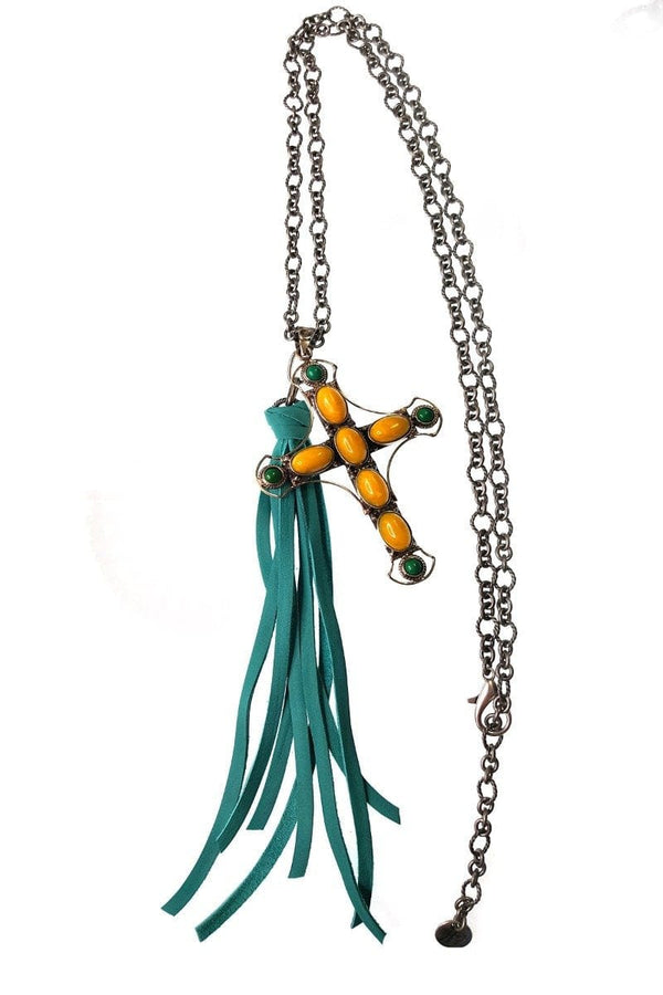 Handmade Chain Necklace with Leather Tassel and Stone Cross