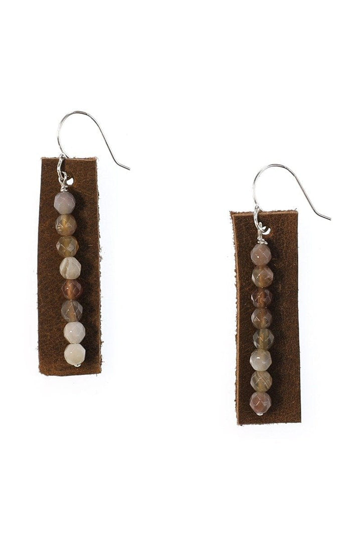Handmade Dark Leather Genuine Stone Bead Earrings