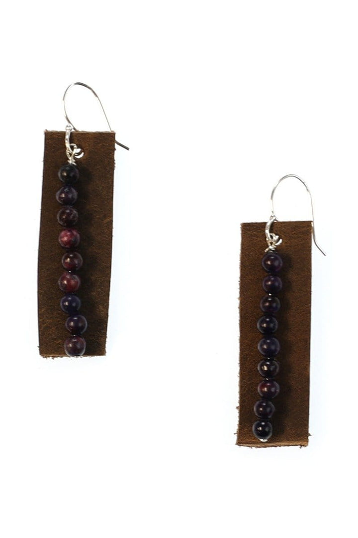 Handmade Dark Leather Genuine Stone Bead Earrings