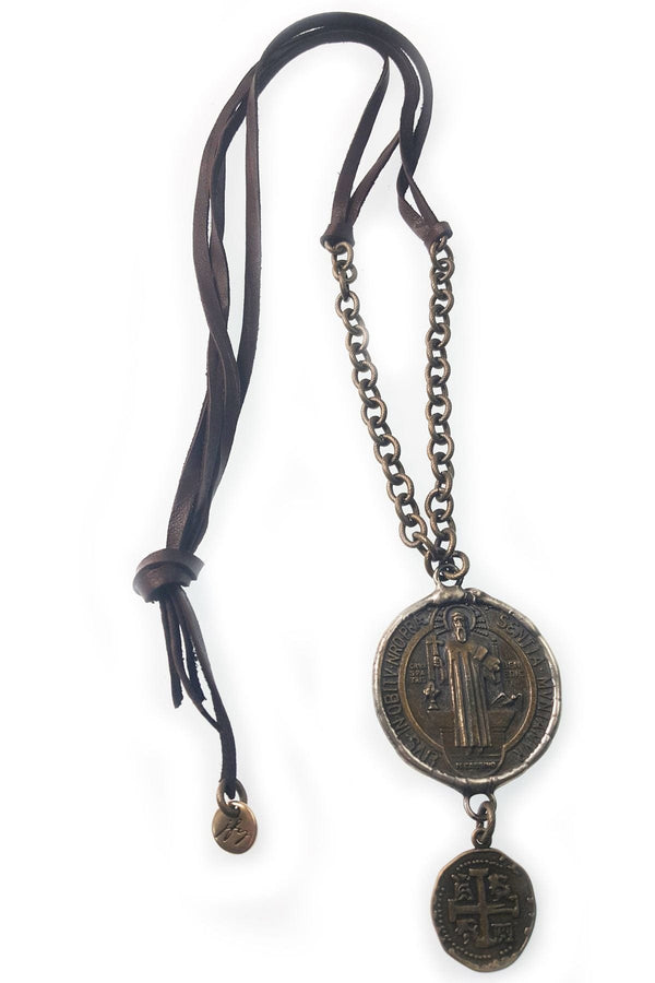 Handmade Leather and Chain Necklace with Large Pendant with Coin Dangle