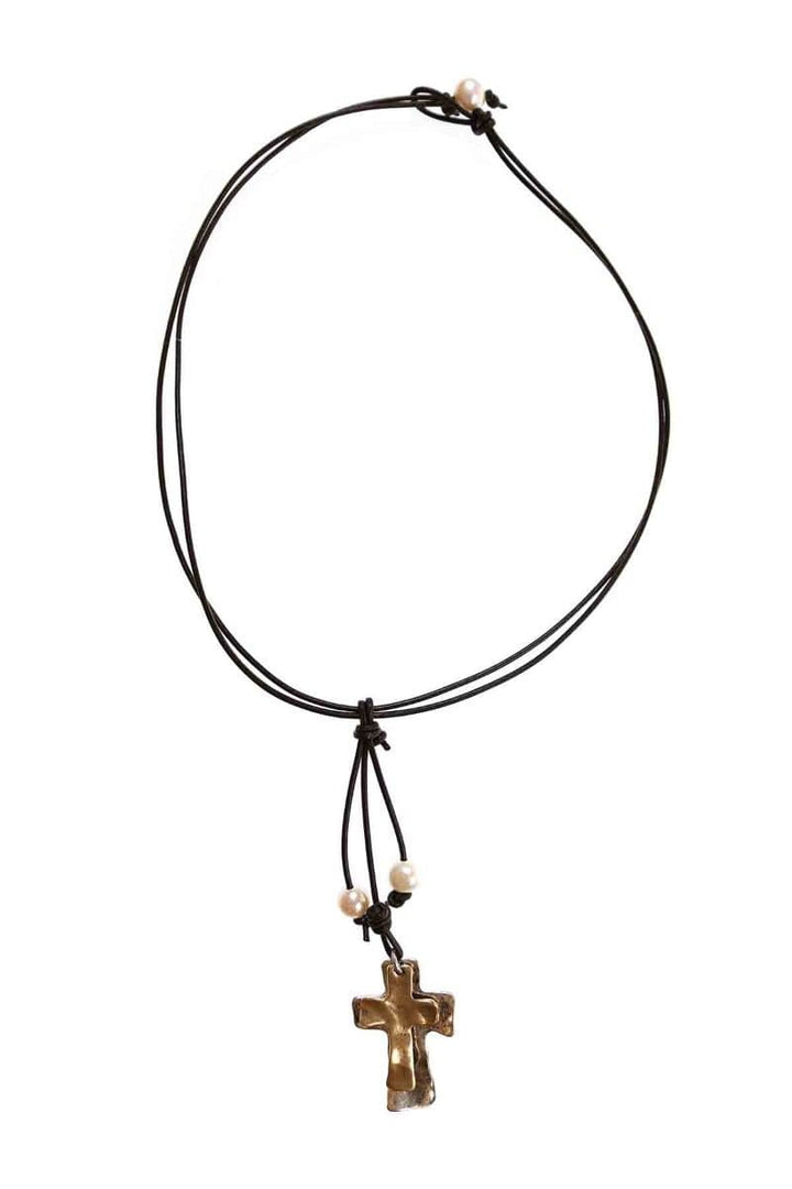 Handmade Leather Cord Necklace with Drop Cross and Pearls