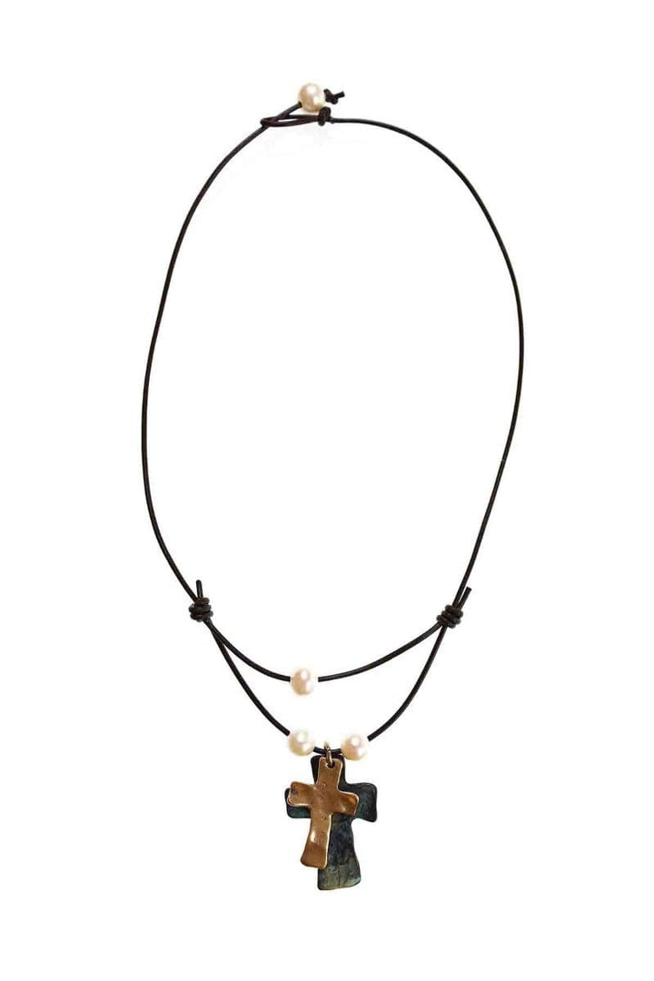 Handmade Leather Cord Necklace with Pearls and Crosses