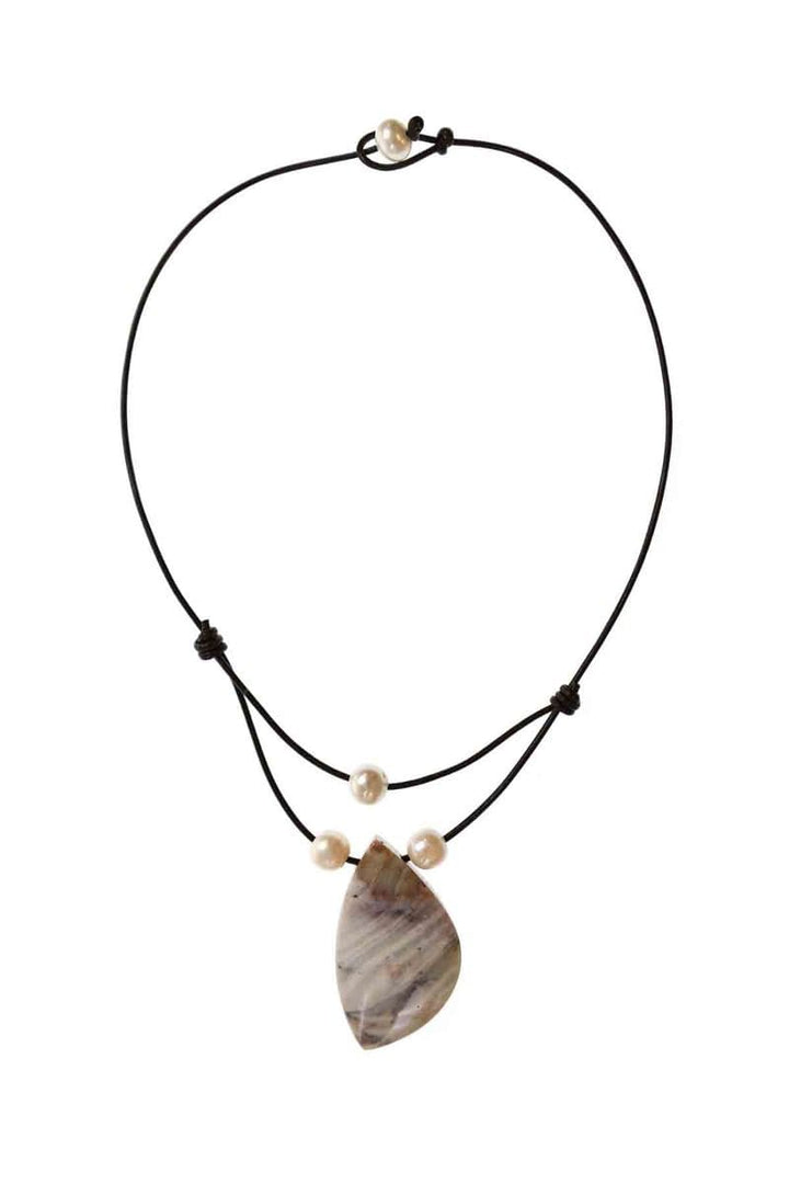 Handmade Leather Cord Necklace with Stone Pendant and Pearls