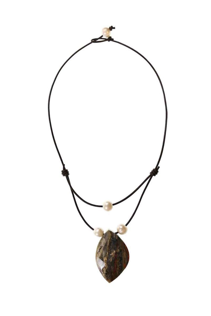 Handmade Leather Cord Necklace with Stone Pendant and Pearls