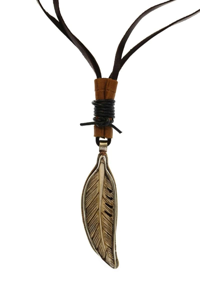 HANDMADE LEATHER NECKLACE WITH BONE FEATHER PENDANT